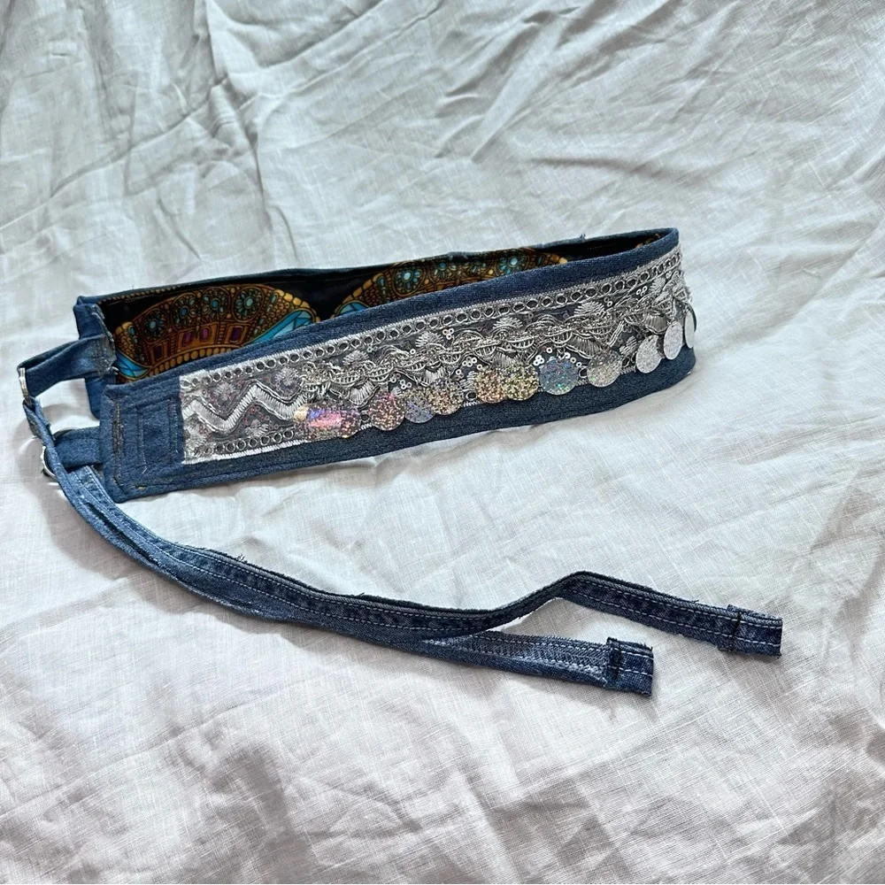 Artisan Boho Denim Coin Belt Handmade Upcycled Festival Waist Belt 33-38 Signed